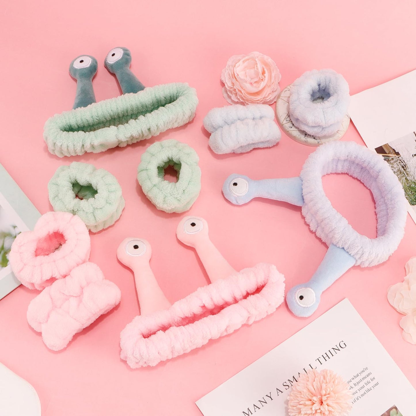 9 Pcs Skincare Headbands Snail Spa Headband and Wristband Set Alien Headband Pink Face Wash Wristbands Cute Makeup Headband Hair Band for Washing Face Wrap Head Towel Wrist Towels for Shower