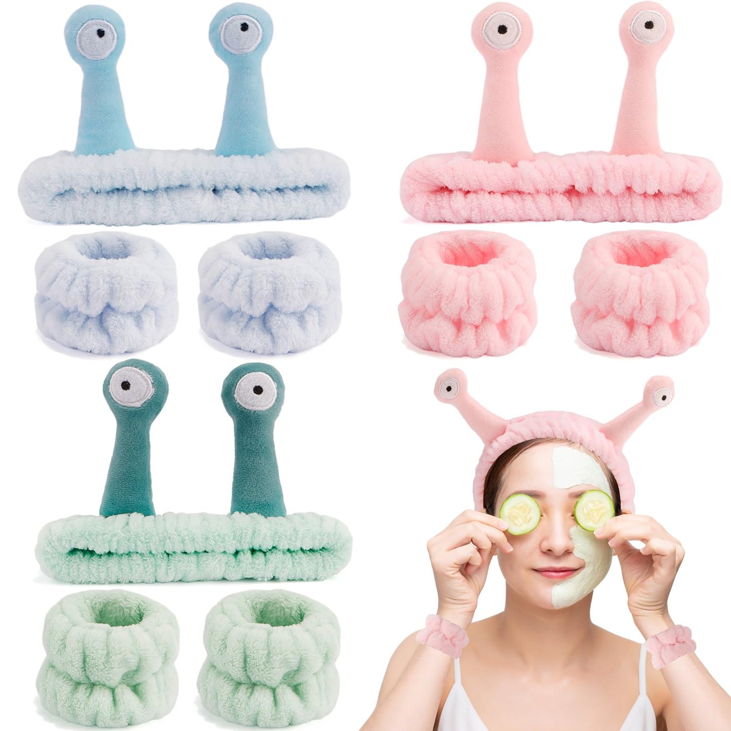 9 Pcs Skincare Headbands Snail Spa Headband and Wristband Set Alien Headband Pink Face Wash Wristbands Cute Makeup Headband Hair Band for Washing Face Wrap Head Towel Wrist Towels for Shower