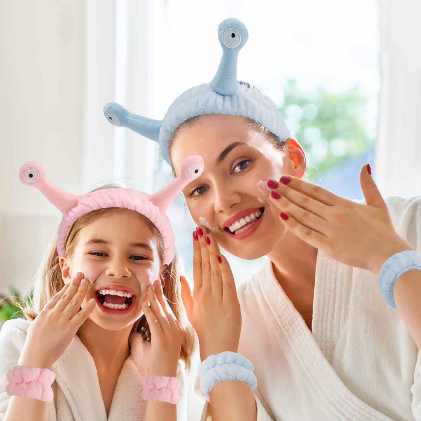 9 Pcs Skincare Headbands Snail Spa Headband and Wristband Set Alien Headband Pink Face Wash Wristbands Cute Makeup Headband Hair Band for Washing Face Wrap Head Towel Wrist Towels for Shower
