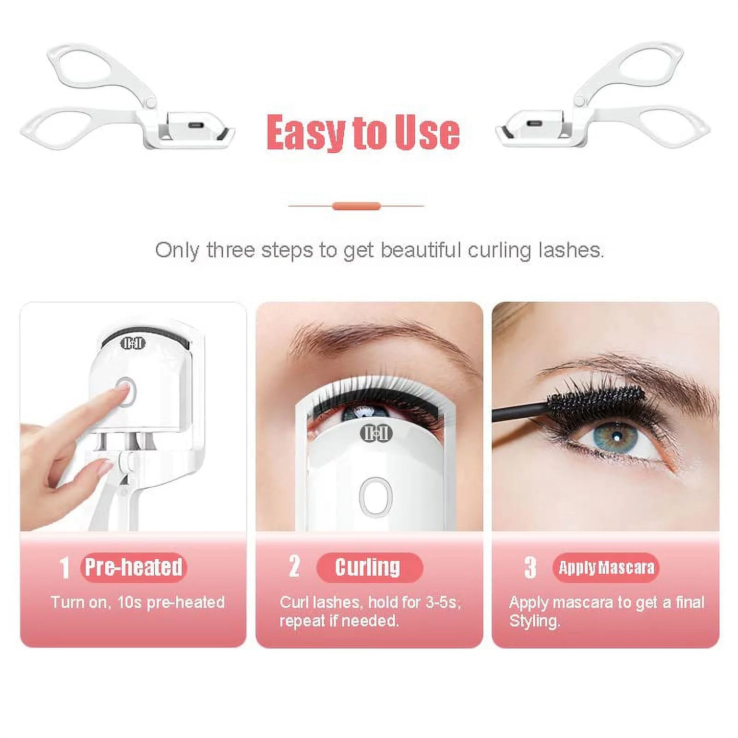 Heated Eyelash Curlers, Rechargeable Electric Eyelash Curler, Long-Lasting Heated Lash Curler for Natural Lashes - White
