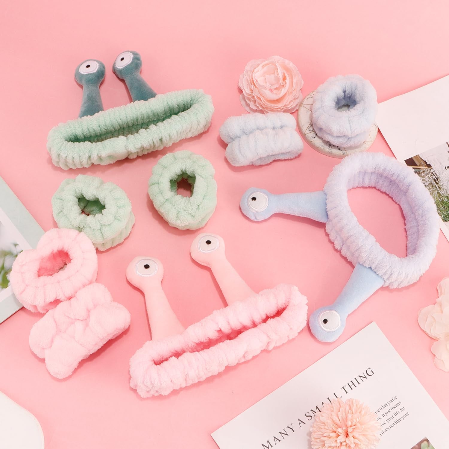 9 Pcs Skincare Headbands Snail Spa Headband and Wristband Set Alien Headband Pink Face Wash Wristbands Cute Makeup Headband Hair Band for Washing Face Wrap Head Towel Wrist Towels for Shower