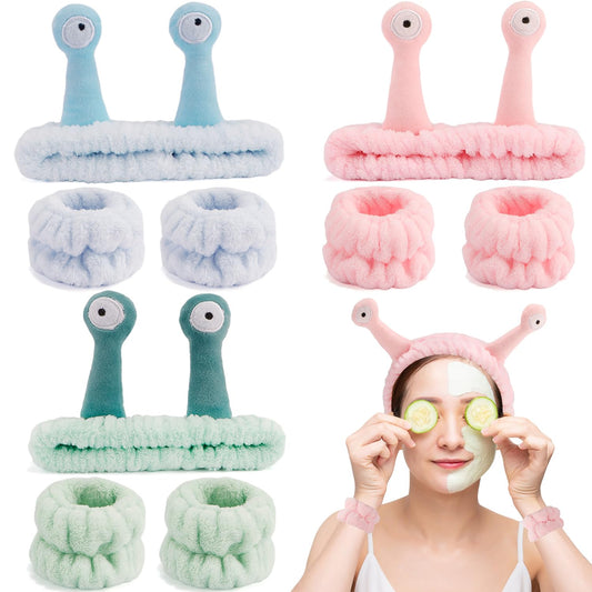 9 Pcs Skincare Headbands Snail Spa Headband and Wristband Set Alien Headband Pink Face Wash Wristbands Cute Makeup Headband Hair Band for Washing Face Wrap Head Towel Wrist Towels for Shower